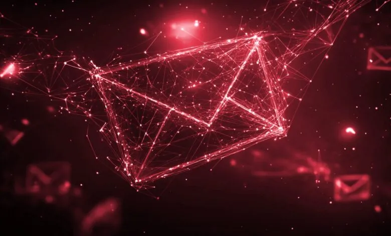 Red digital email envelope formed by connected dots and lines.