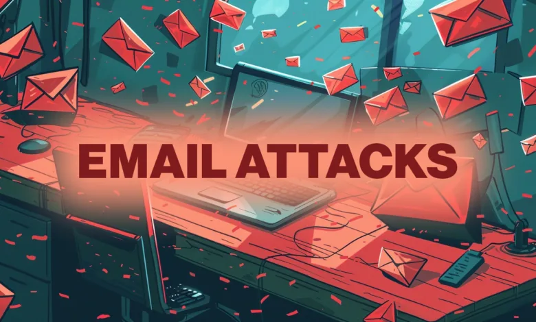 Illustration of a desk with computers and floating red email envelopes.