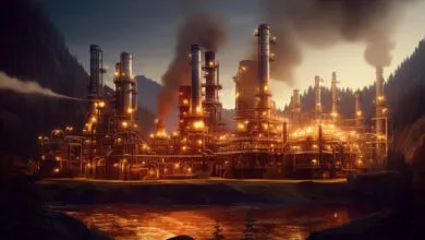 Industrial complex at night with illuminated pipes and smokestacks.