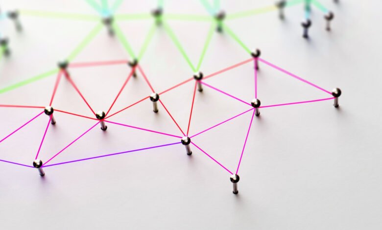 Network diagram with pins and colorful string connections.