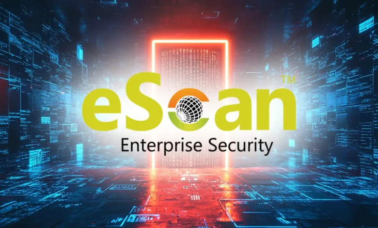 eScan Enterprise Security logo against a digital, futuristic backdrop.