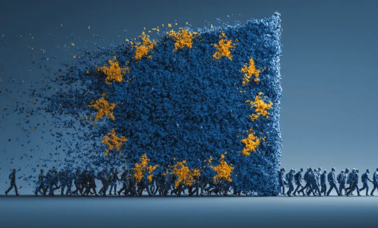 EU flag disintegrating as people walk away, symbolizing potential fragmentation.