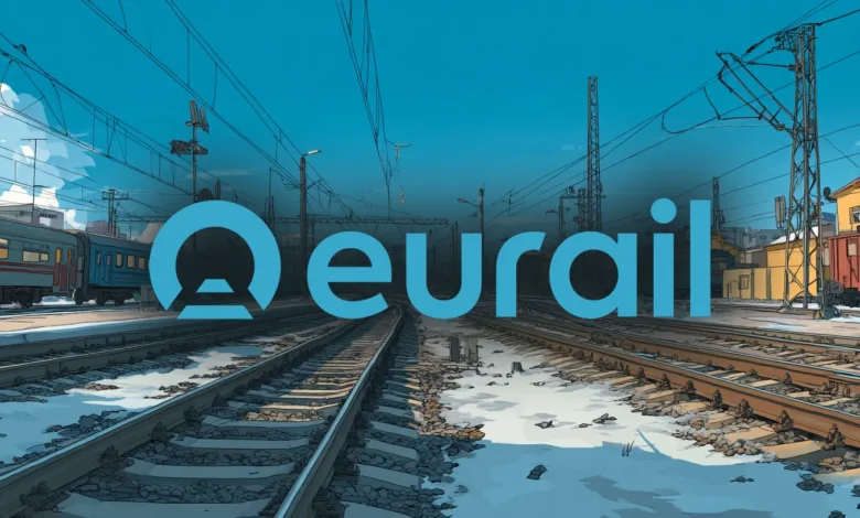 Eurail logo over a snowy train station with tracks and train cars.
