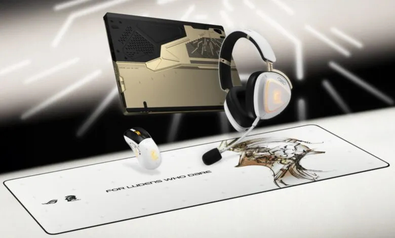 Gaming setup featuring laptop, headset, mouse, and mousepad with 'For Ludens Who Dare' text.