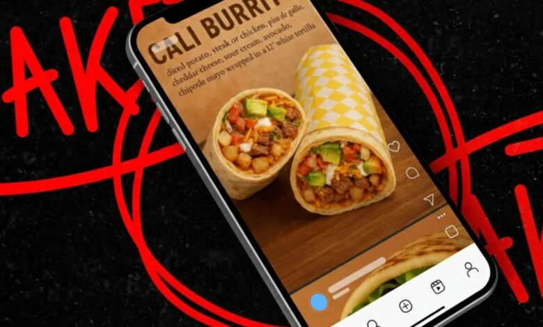 Smartphone displays a Cali Burrito Instagram post with a red 'FAKE' overlay.