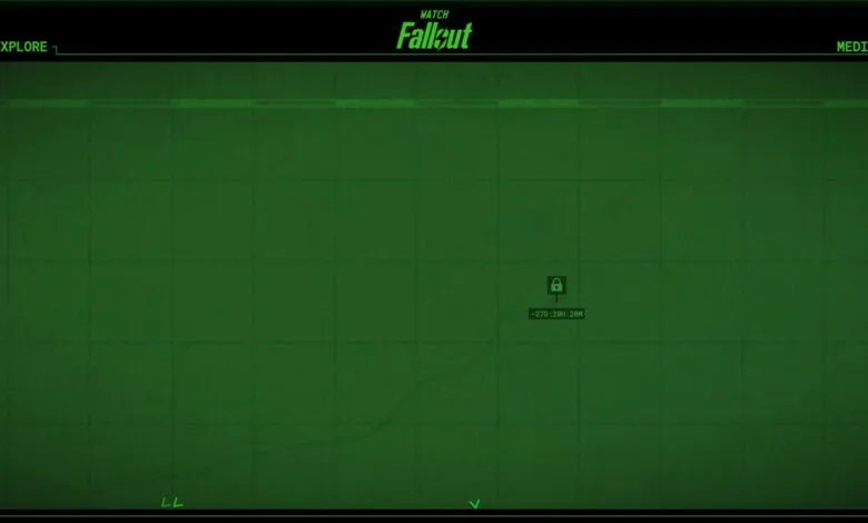 Green screen with grid lines and 'Fallout' title, resembling a retro computer display.