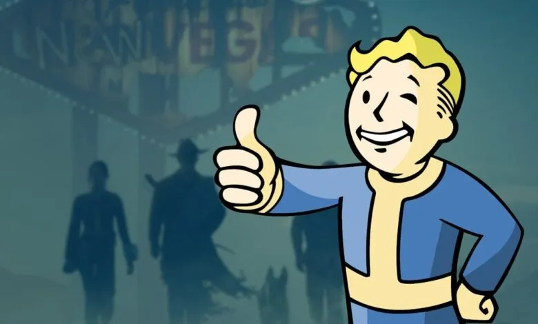 Fallout's Vault Boy gives a thumbs up in front of New Vegas.