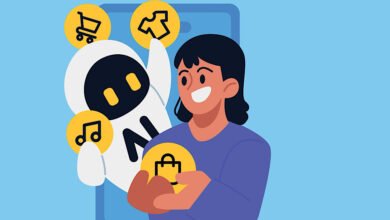 AI robot recommends personalized products to a smiling woman on her phone.