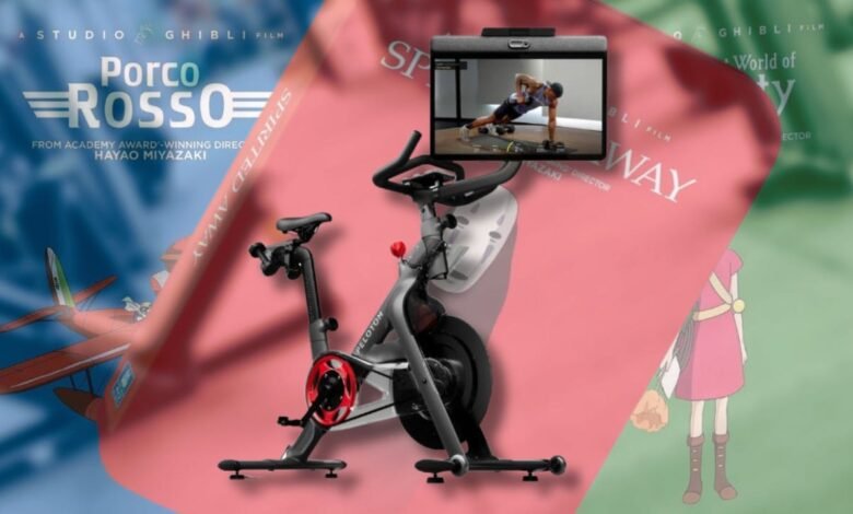 Peloton bike with workout video displayed, overlaid with Studio Ghibli film covers.
