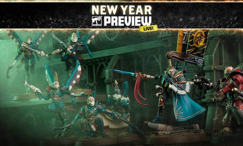 Warhammer 40k Eldar miniatures displayed at New Year Preview.
