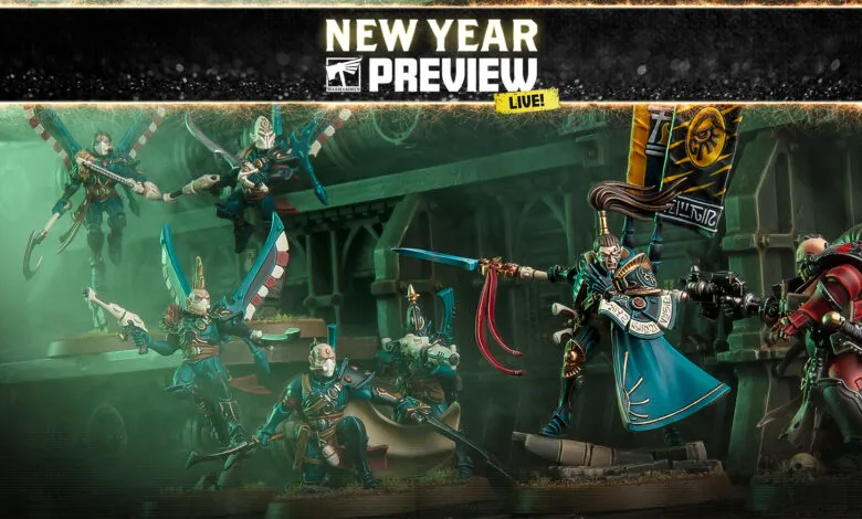 Warhammer 40k Eldar miniatures displayed at New Year Preview.