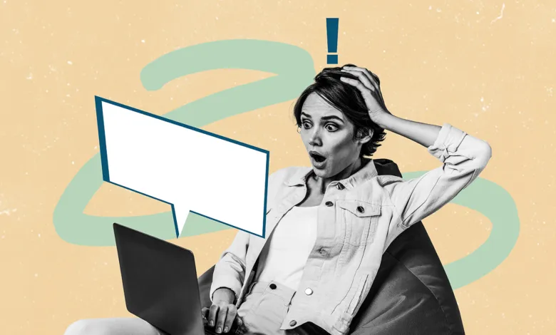 Woman looks shocked at laptop with speech bubble and exclamation point.