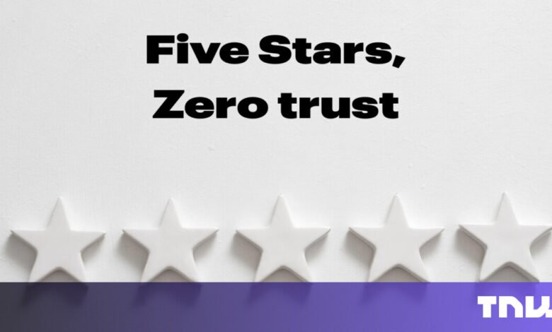 Five white stars on white background with text 'Five Stars, Zero trust'.