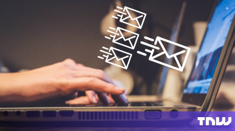 Hands typing on laptop with email icons indicating sending messages.