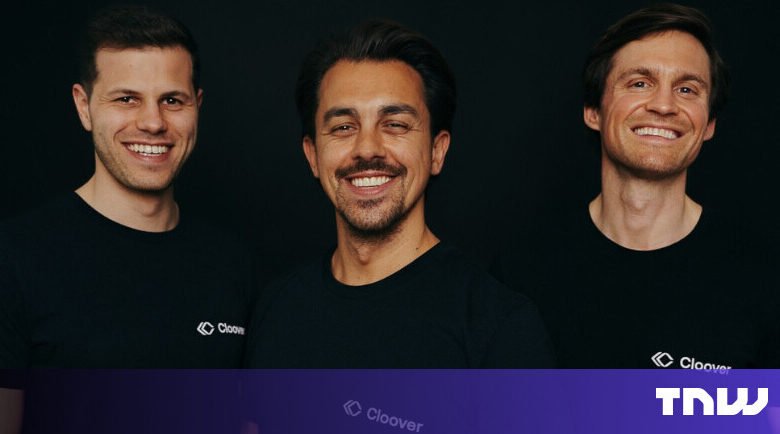 Three smiling men wearing Cloover t-shirts against a dark background.