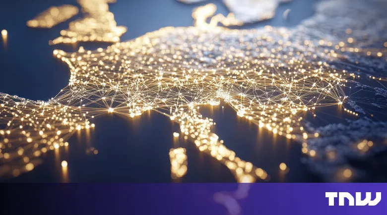 Europe map with glowing network connections, dark blue background.