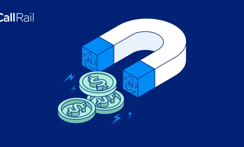 Magnet attracting dollar coins, CallRail logo in upper left.
