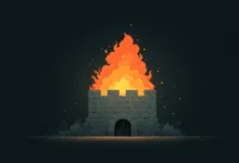 Stone fortress engulfed in bright orange flames against a dark background.