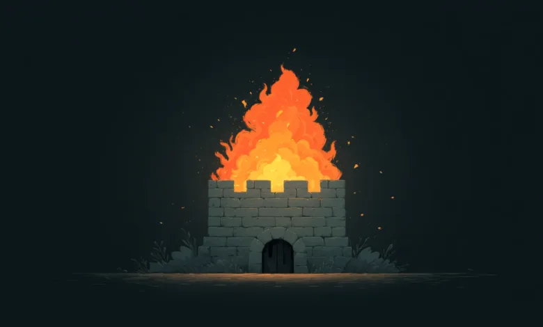 Stone fortress engulfed in bright orange flames against a dark background.