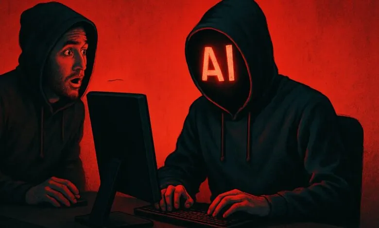 Two hooded figures at a computer, one with 'AI' glowing on their face.