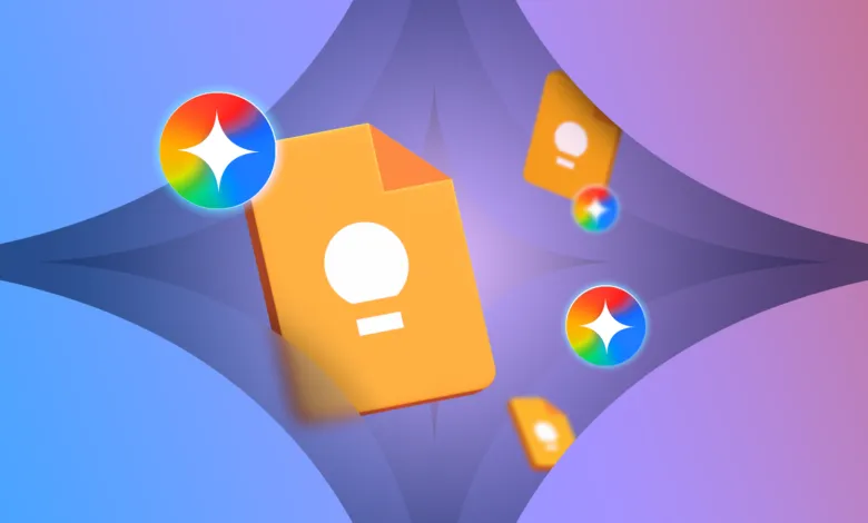 Floating Google Keep icons with Gemini stars on a colorful gradient background.