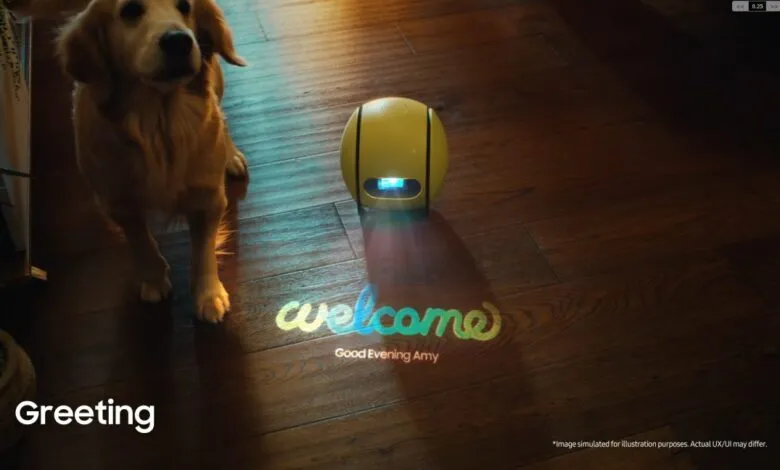 Golden retriever looks at a robot projecting 'Welcome' on wood floor.