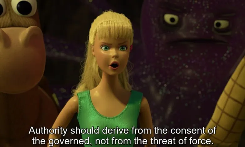 Toy Story 4 scene with Barbie doll speaking about authority.