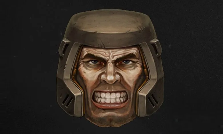 Illustration of a stern-faced man wearing a futuristic helmet.