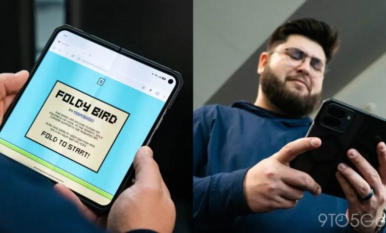 Foldable phone displaying 'Foldy Bird' game next to man holding folded phone.