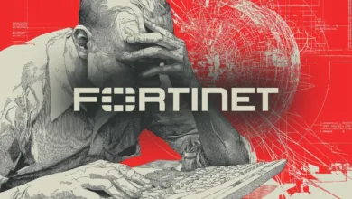 Stylized image of a stressed person at a keyboard with Fortinet logo.