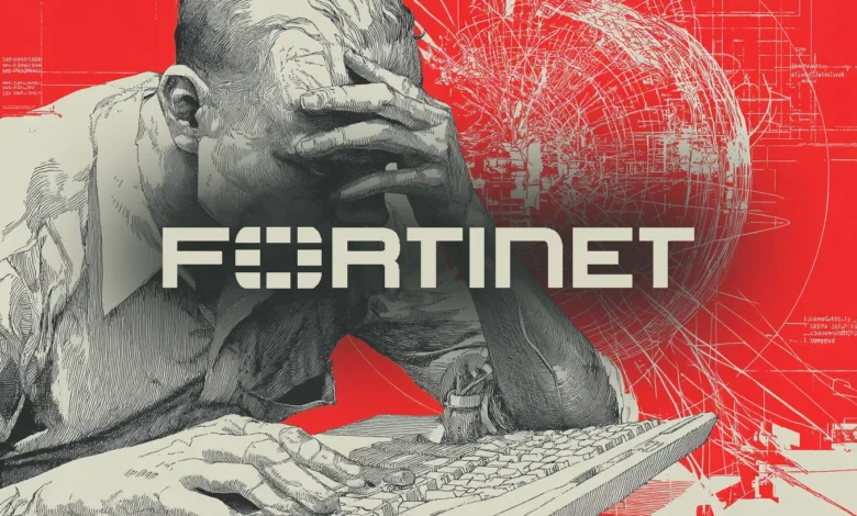 Stylized image of a stressed person at a keyboard with Fortinet logo.