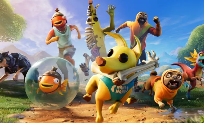 Fortnite characters including dogs, fish, and banana running outdoors.