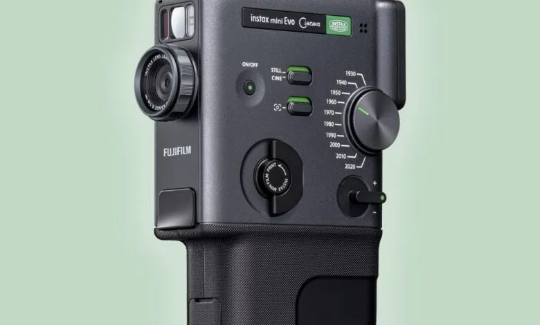 Close-up of the Fujifilm Instax Mini Evo camera showing lens and controls.