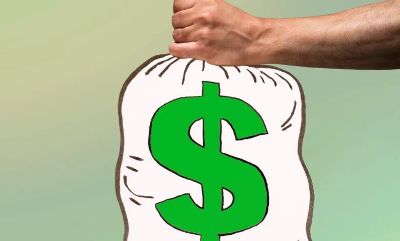 Hand holds a cartoon money bag with a large green dollar sign.