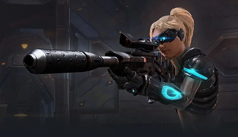 Sci-fi soldier with sniper rifle, wearing futuristic visor.