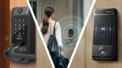 Collage of smart door locks: keypad, woman approaching, fingerprint scanner.
