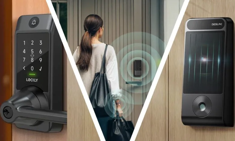 Collage of smart door locks: keypad, woman approaching, fingerprint scanner.