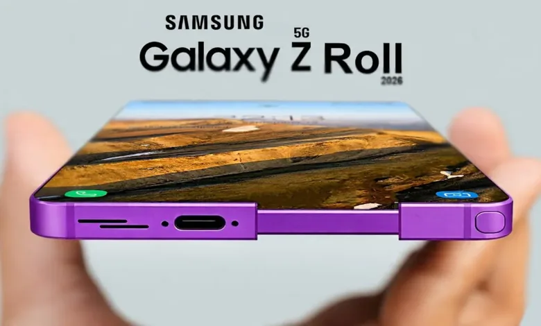 Samsung Galaxy Z Roll 5G phone with expandable screen held in hand.