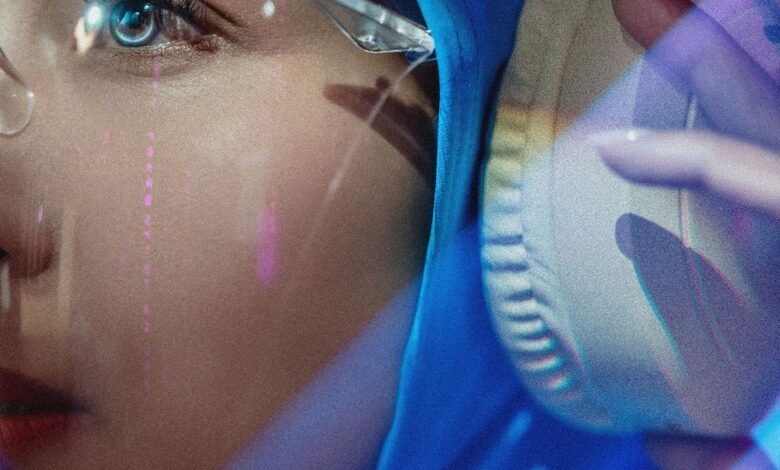 Close-up of a person wearing futuristic glasses and holding a device.