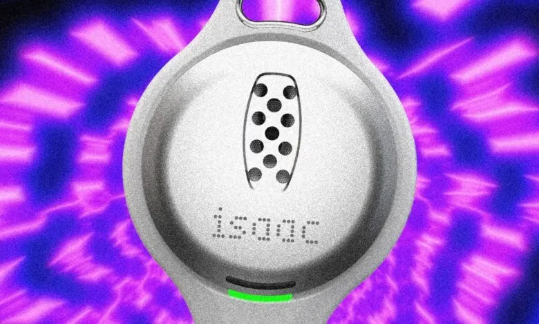 Close-up of a gray Isaac device with a purple and blue background.