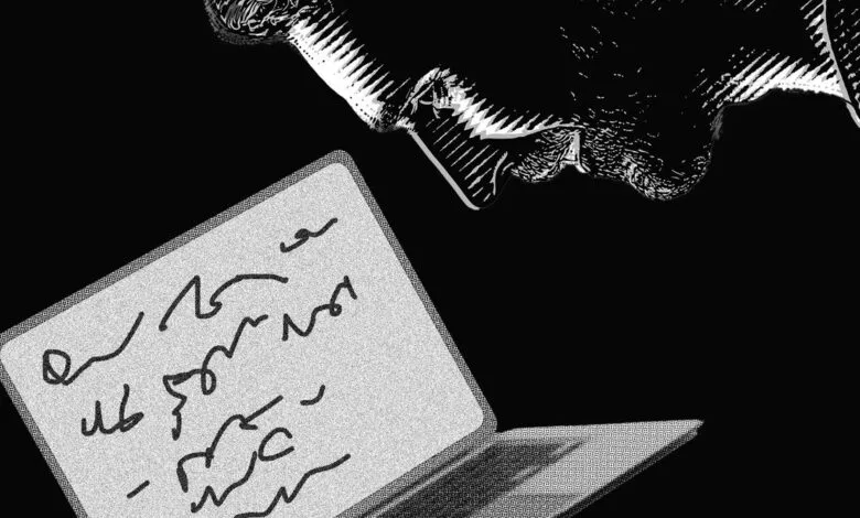 Stylized laptop with handwritten notes and a person's face above.