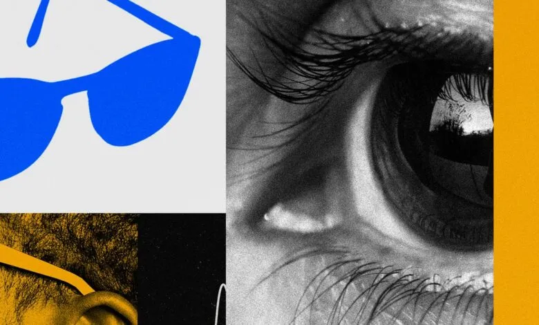 Abstract collage featuring blue glasses, eye close-up, and glasses on face.