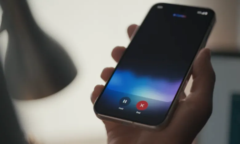 Hand holding smartphone with call interface showing hold and end buttons.