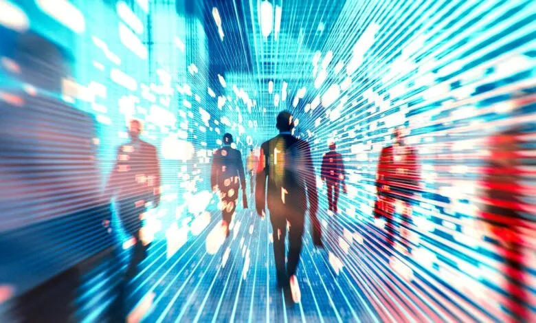 Abstract image of people walking through a digital tunnel.