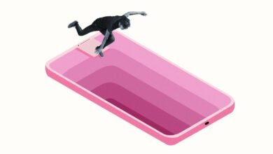 Person diving into a pink smartphone screen, symbolizing digital addiction.