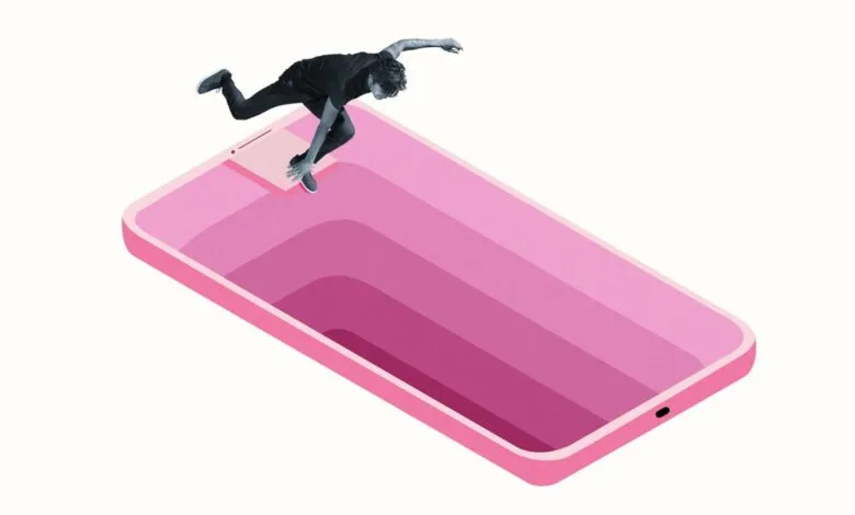 Person diving into a pink smartphone screen, symbolizing digital addiction.