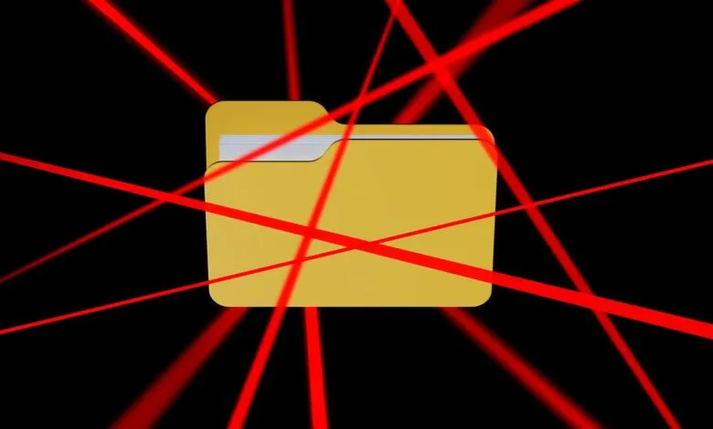 Yellow folder icon surrounded by red laser beams on black background.