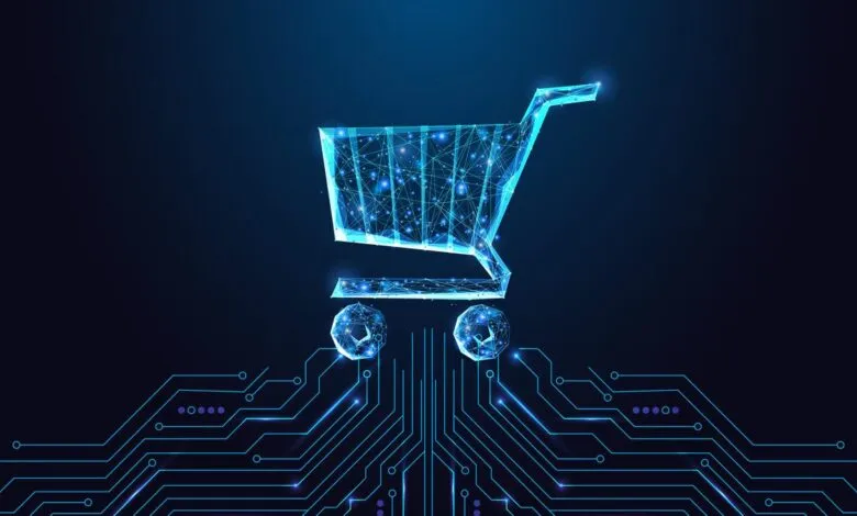 Digital shopping cart icon with circuit board design on dark blue background.
