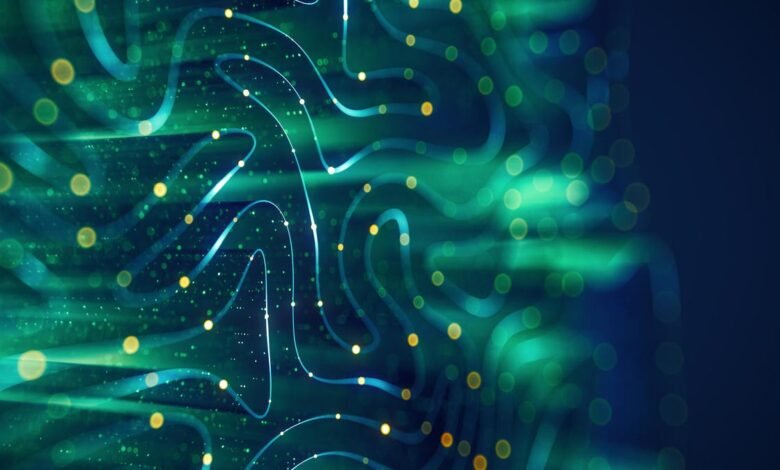 Abstract network design with glowing lines and bokeh lights on a dark background.