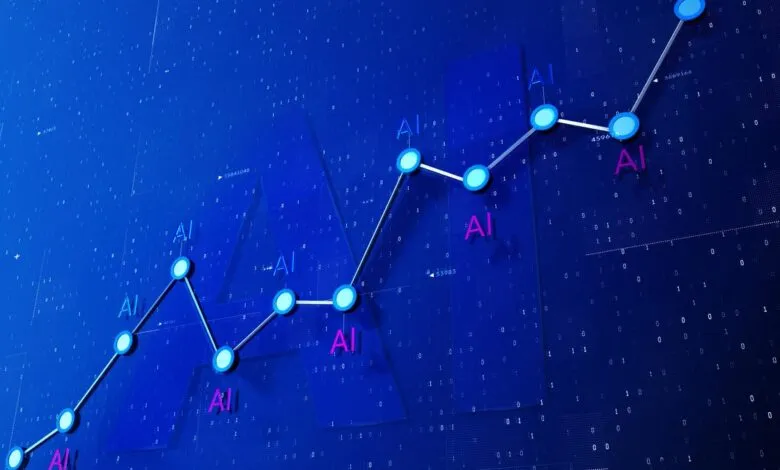 AI growth chart on blue digital background with binary code.